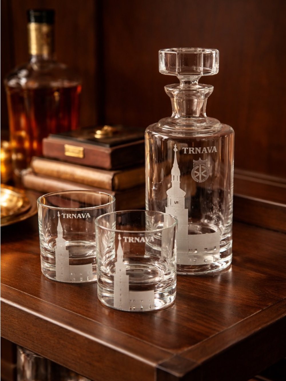 Vintage Crystal Glass Decanter & 2 Rocks Glasses Etched Trnava Slovakia Bar Set